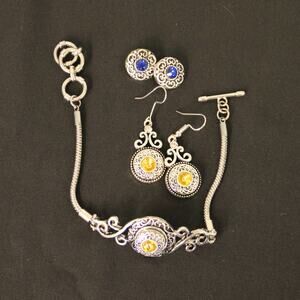 Snap On Jewelry Charms Silver Tone Bracelet Earrings 8 pieces Yellow Blue Stones